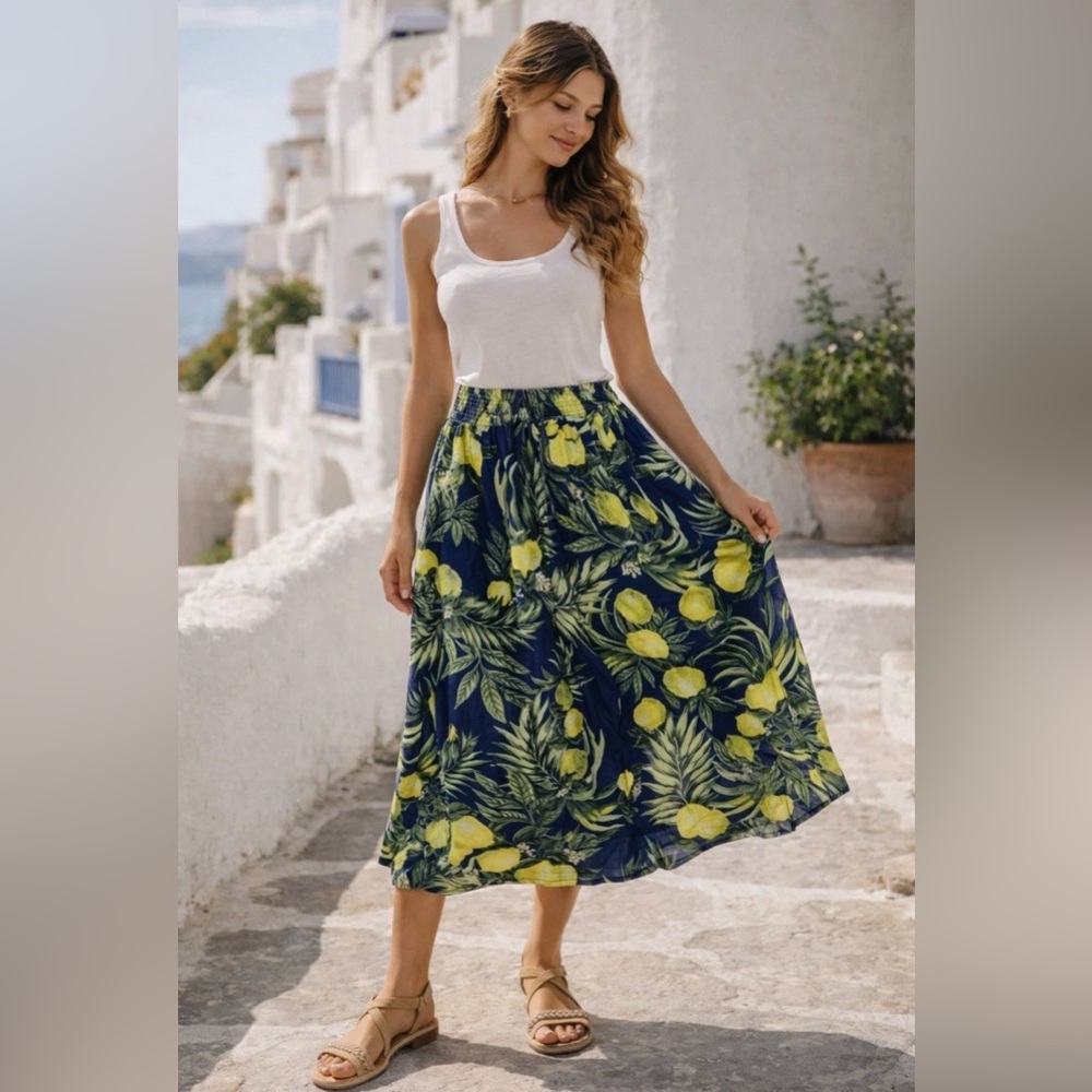 NEW Classic Concepts Lemon Print Navy Yellow Viscose Summer Maxi Skirt Size XL